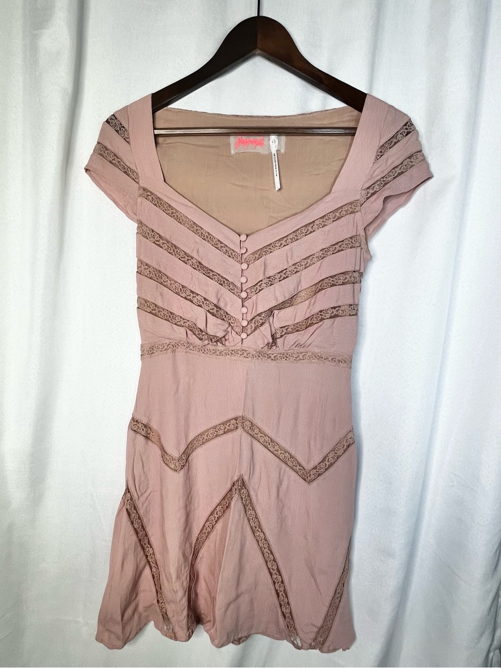 Free People Mauve Lace Trim Mini Dress XS Boho Romantic Button Front